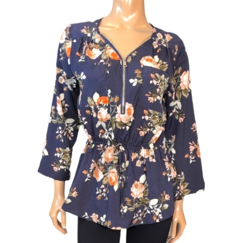 💠 Stella Tweed Floral Top Womens Size Medium Drawstring Zippered Long Sleeve